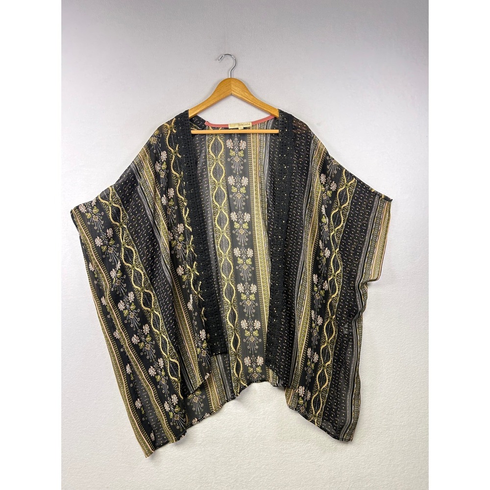 Rewind‎ Black Floral Stripe Crochet Kimono Cardigan Lightweight Boho Size L